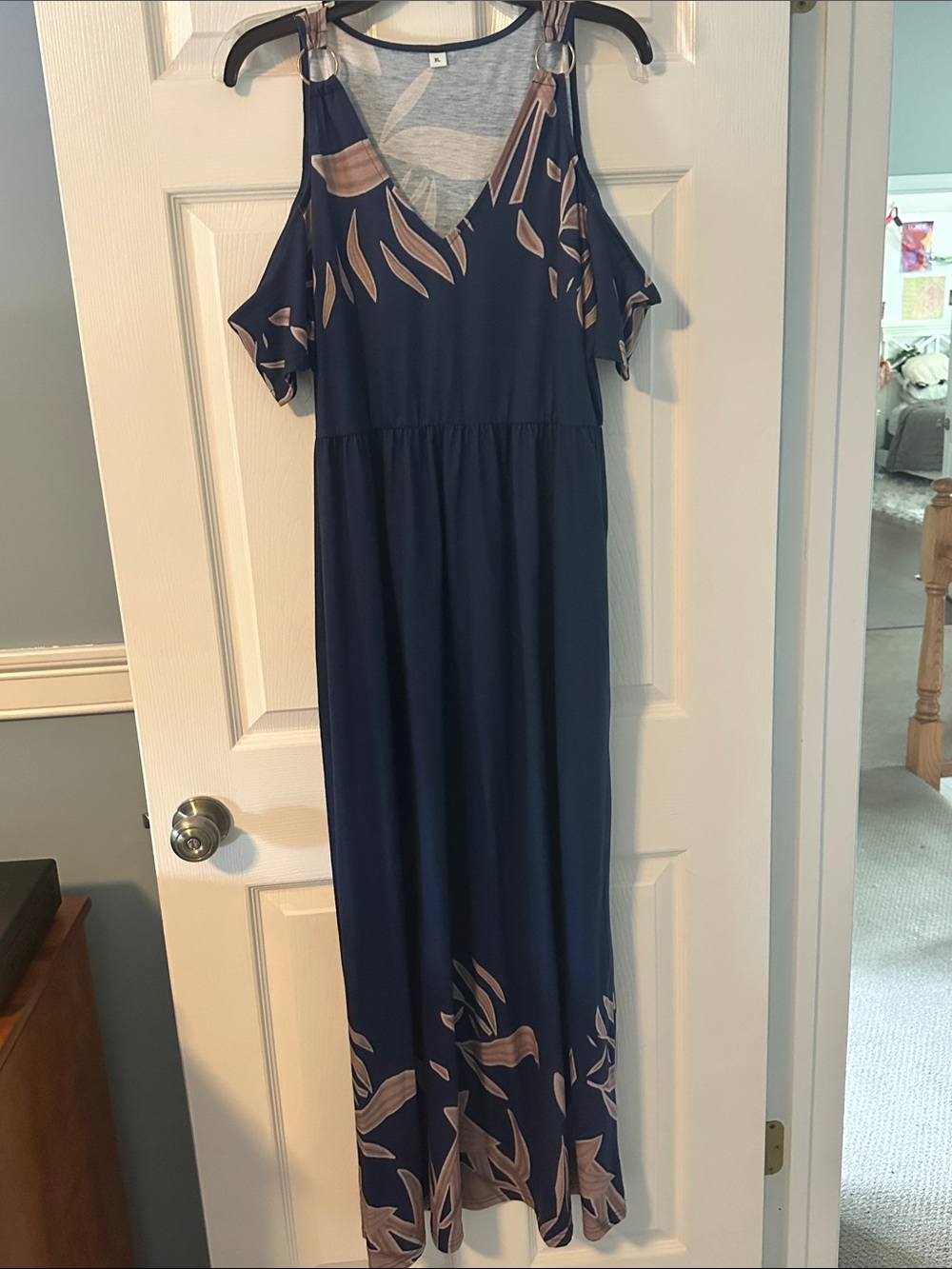 Navy Cold-Shoulder Maxi Dress with Gold- Beige Floral Print